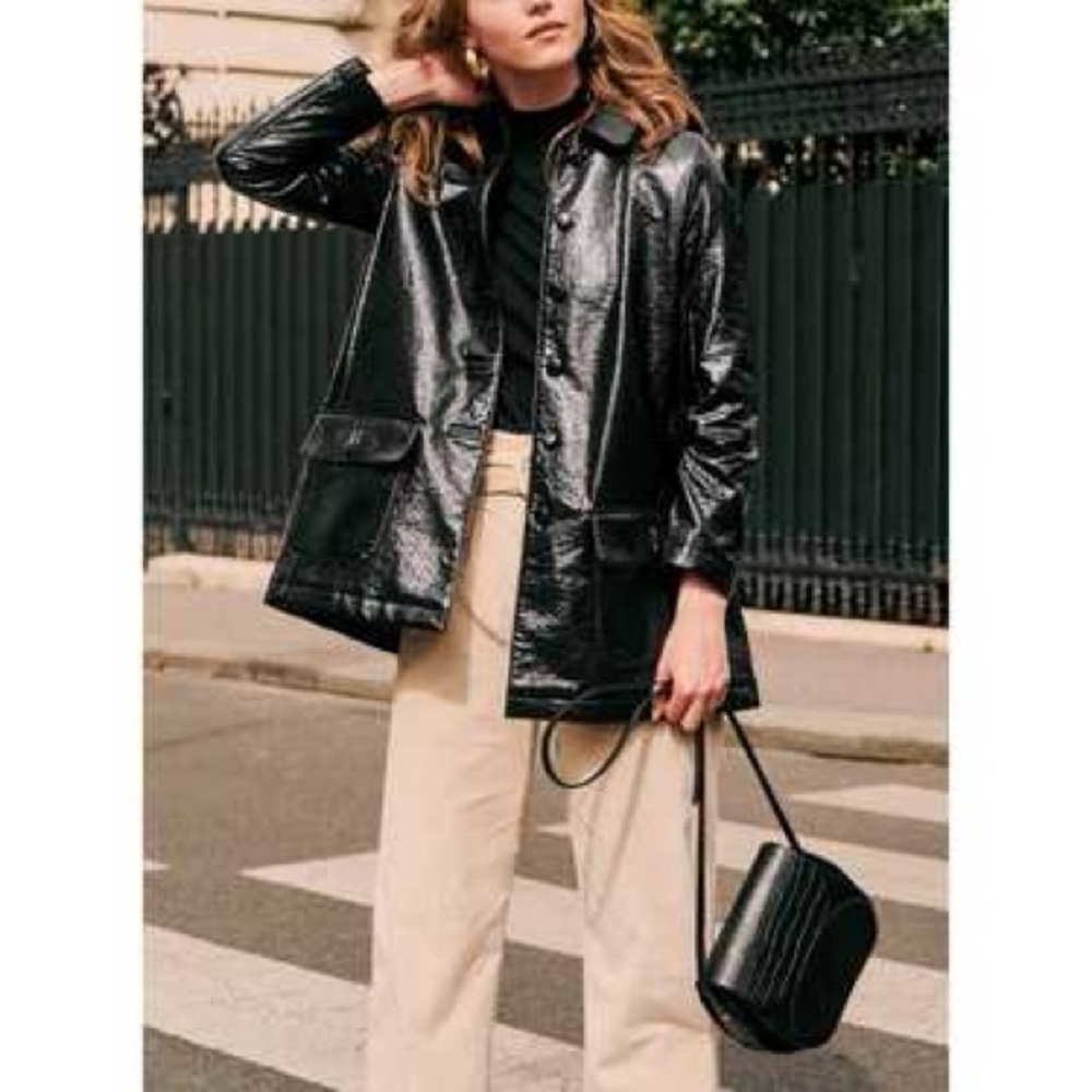 Sezane Alfred Vinyl Black Crinkle Patent Raincoat, Size 36